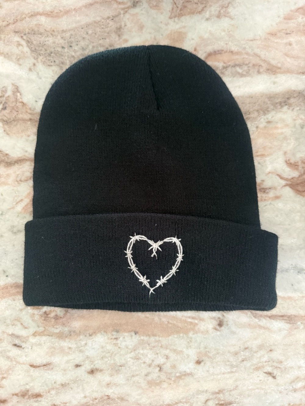 Karol G merch Black Knit Beanie with Embroidered Barbed Wire Heart
